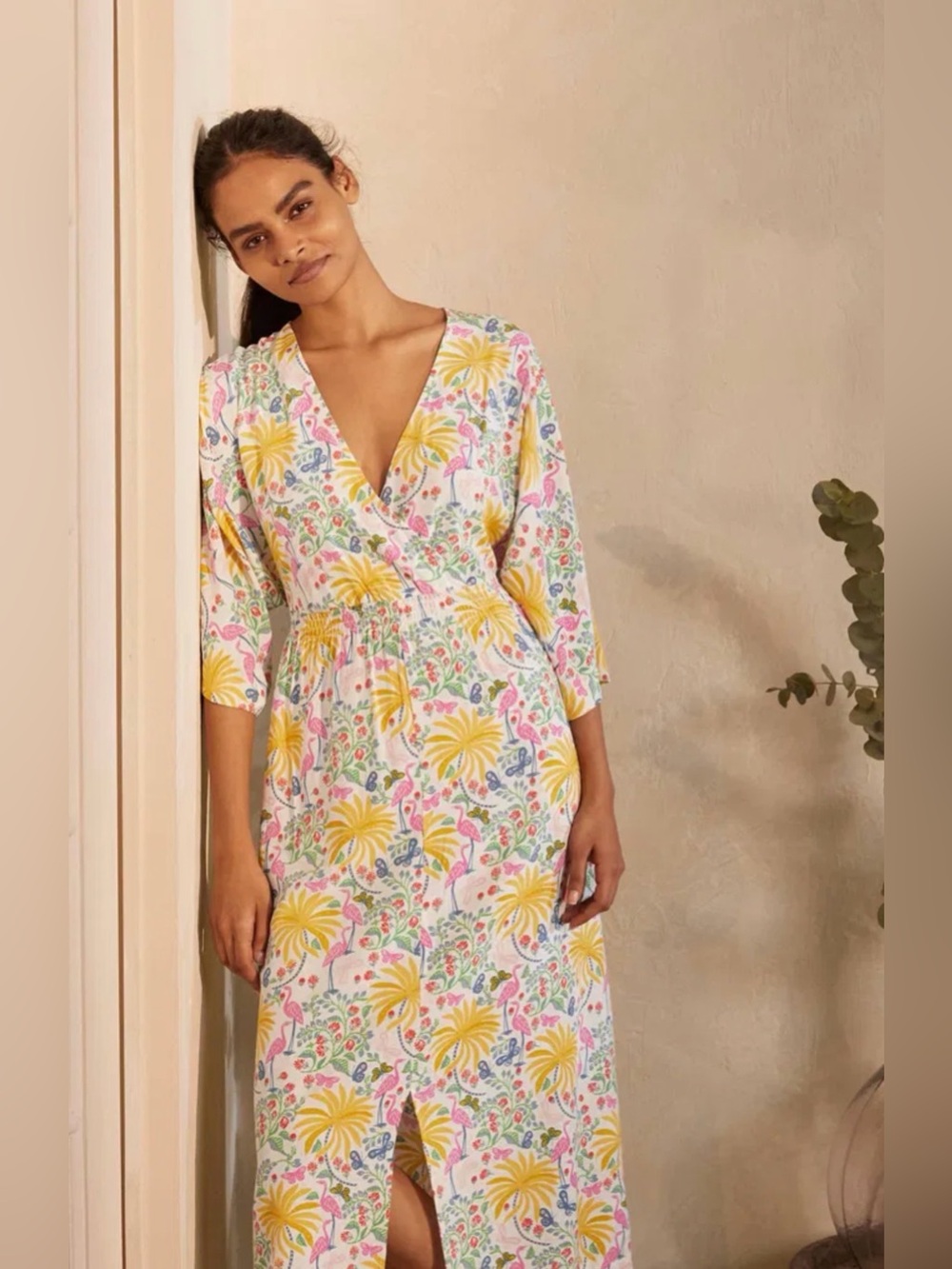 Boden Betsy Midi Dress Ivory Tropical Charm Flamingo V-Neck Size 8